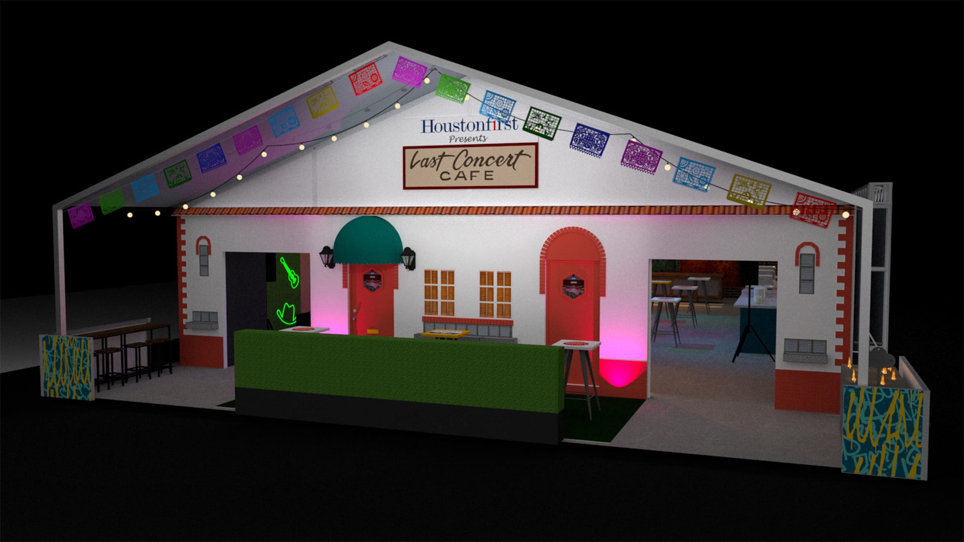 A digital render of HoustonFirst's event tent, labeled 'Last Concert Cafe,' featuring a colorful and festive design. The tent is adorned with vibrant papel picado banners and illuminated with string lights. The facade includes a green awning over the entrance, bright pink and green lighting, and various decor elements to create an inviting atmosphere. The interior is visible through the open entrances, showing tables and chairs arranged for guests.